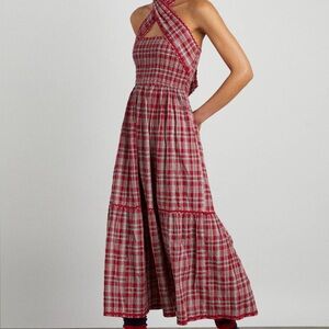 Damson Madder Pia Red Plaid Halter Maxi Dress NWT